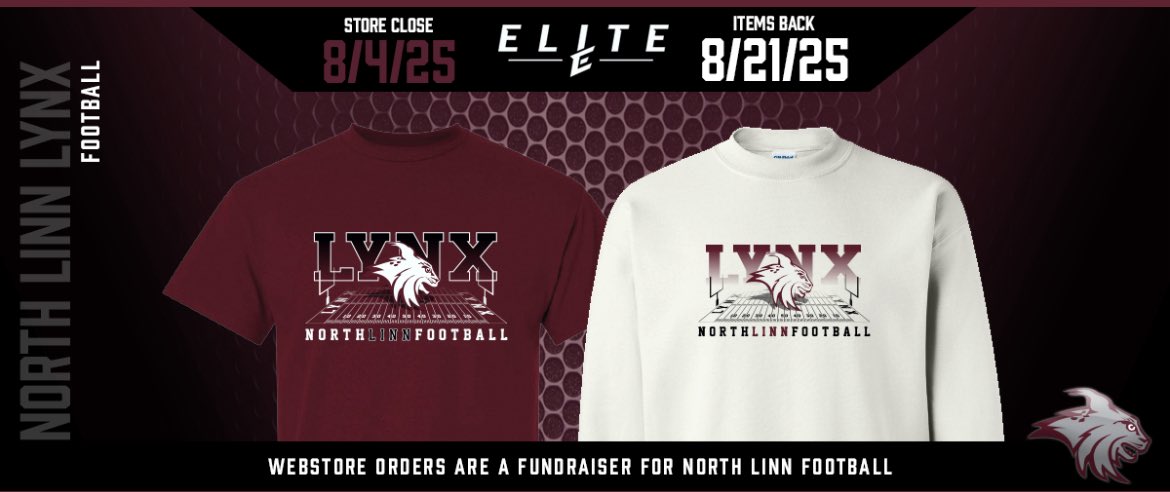 🏈 North Linn Football Webstore is NOW OPEN!

Gear up and show your Lynx pride!
Shop now for fan apparel and more:
🔗 stores.teamelitesports.com/north_linn_foo…