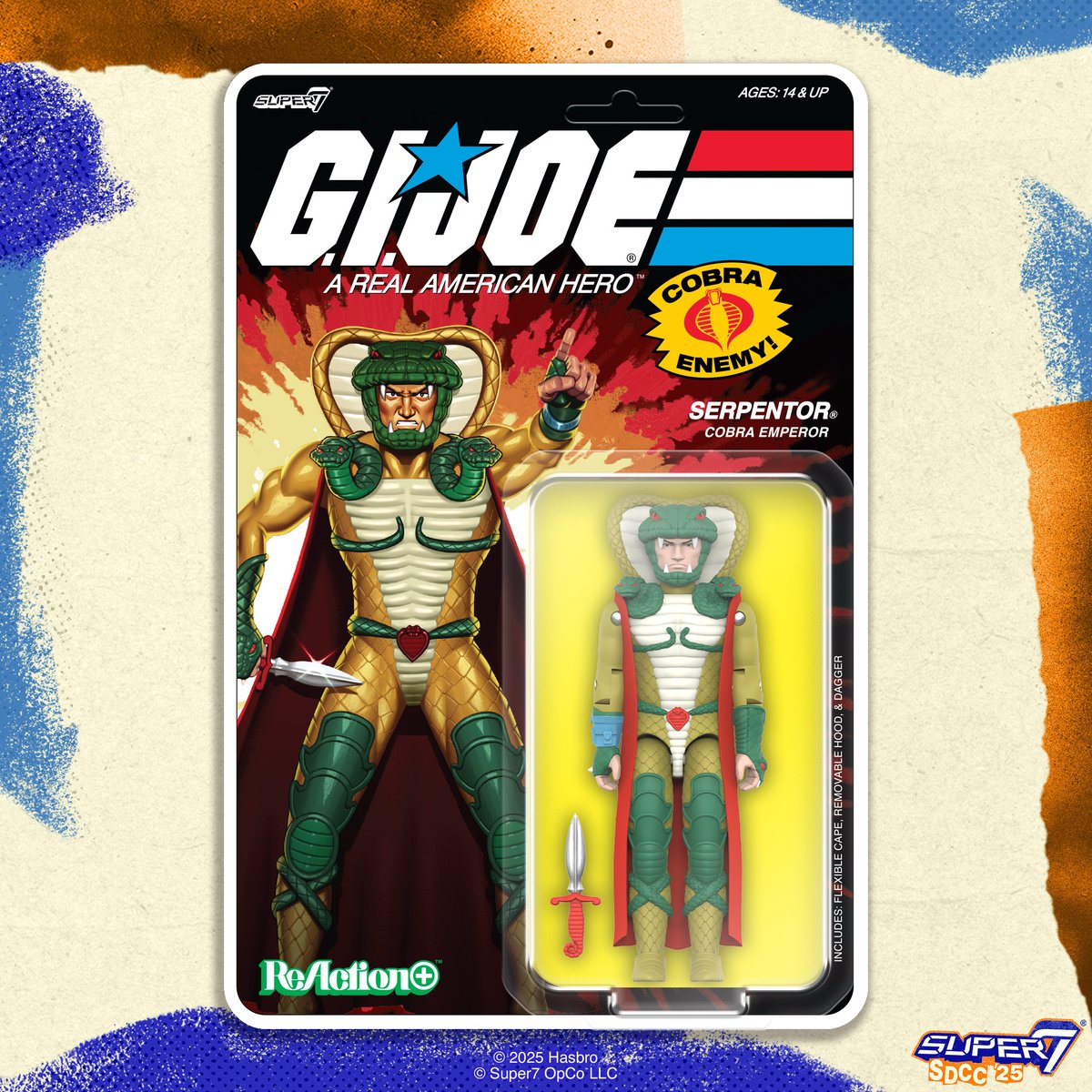 super7store's tweet image. Bow down to the Cobra Emperor! 🐍👑 The new G.I. Joe ReAction+ Figure of Serpentor is here, complete with a soft goods cape, dagger accessory, and O-Ring articulation. Rule your collection with an iron fist by adding it to your collection! Coming Soon! #Super7 #SDCC
