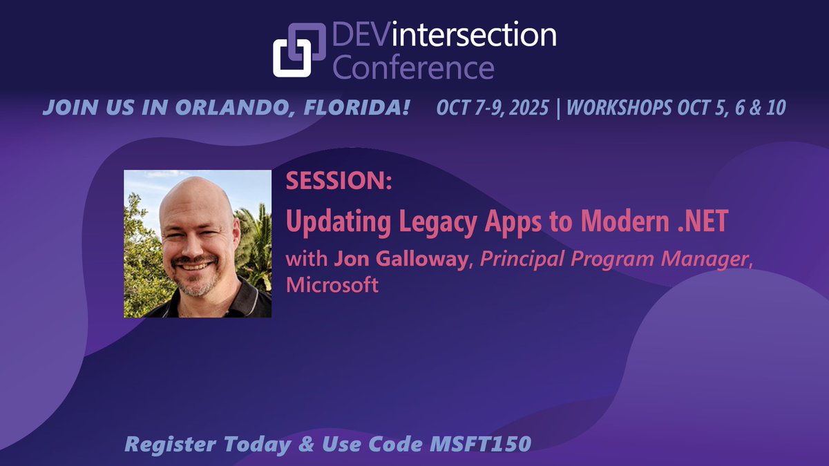 DEVintersection Conference (@devintersection) on Twitter photo Still stuck in legacy .NET? Join Jon Galloway (<a href="/jongalloway/">Jon Galloway</a>) at DEVintersection to learn how to modernize aging apps using real-world tools and upgrade strategies.
Register: bit.ly/DEVXPOST
#DEVintersection #DotNet #MicrosoftAI #BuildWithAI #AzureDevelopers #CloudApps Still stuck in legacy .NET? Join Jon Galloway (<a href="/jongalloway/">Jon Galloway</a>) at DEVintersection to learn how to modernize aging apps using real-world tools and upgrade strategies.
Register: bit.ly/DEVXPOST
#DEVintersection #DotNet #MicrosoftAI #BuildWithAI #AzureDevelopers #CloudApps