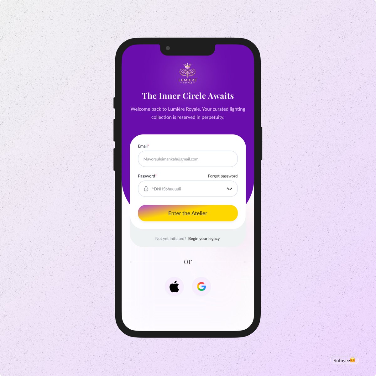 sulbyee's tweet image. 💡✨ The Inner Circle Awaits
Just wrapped up this luxury login experience for Lumière Royale, where lighting meets legacy.

Subtle curves, immersive copy, and a glowing CTA for that opulent touch.

Would you enter the atelier? 🕯️
#UIDesign #UXWriting #MobileDesign #buildinpublic