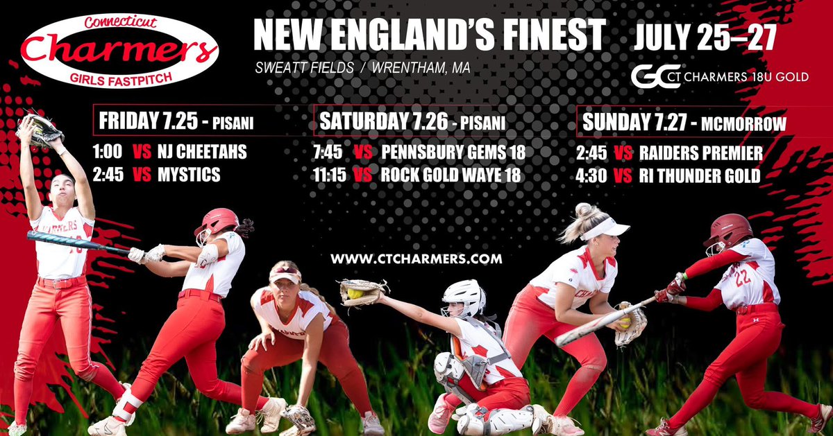 Very excited to finish the Summer season with the Charmer’s at NE Finest!! Come check us out! 🥎 
<a href="/SHUSoftball/">Seton Hall Softball</a> <a href="/CoachChurchill/">Angie Churchill</a> <a href="/lauramess_/">Laura Messina</a> <a href="/eschaffer12/">emily schaffer</a> <a href="/UVASoftball/">Virginia Softball</a> <a href="/Coach_Jo4444/">Joanna Hardin</a> <a href="/JamieAllred24/">Jamie Allred</a> <a href="/Delaware_SB/">Delaware Softball</a> <a href="/AndradeN23/">Nichole Andrade</a> <a href="/StonyBrookSB/">Stony Brook Softball</a> <a href="/RiverhawkSB/">UMass Lowell Softball</a> 

<a href="/CharmerSoftball/">Connecticut Charmers</a> 
<a href="/CoachRuss3/">Russ Senerchia</a>