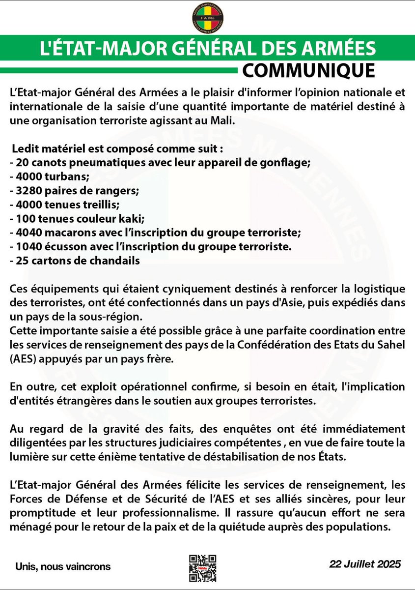 DirpaFa's tweet image. #FAMaActu,
L'Etat-major Général des Armées a le plaisir d'informer l'opinion nationale et internationale de la saisie d'une quantité importante de matériel destiné à une organisation terroriste agissant au Mali.