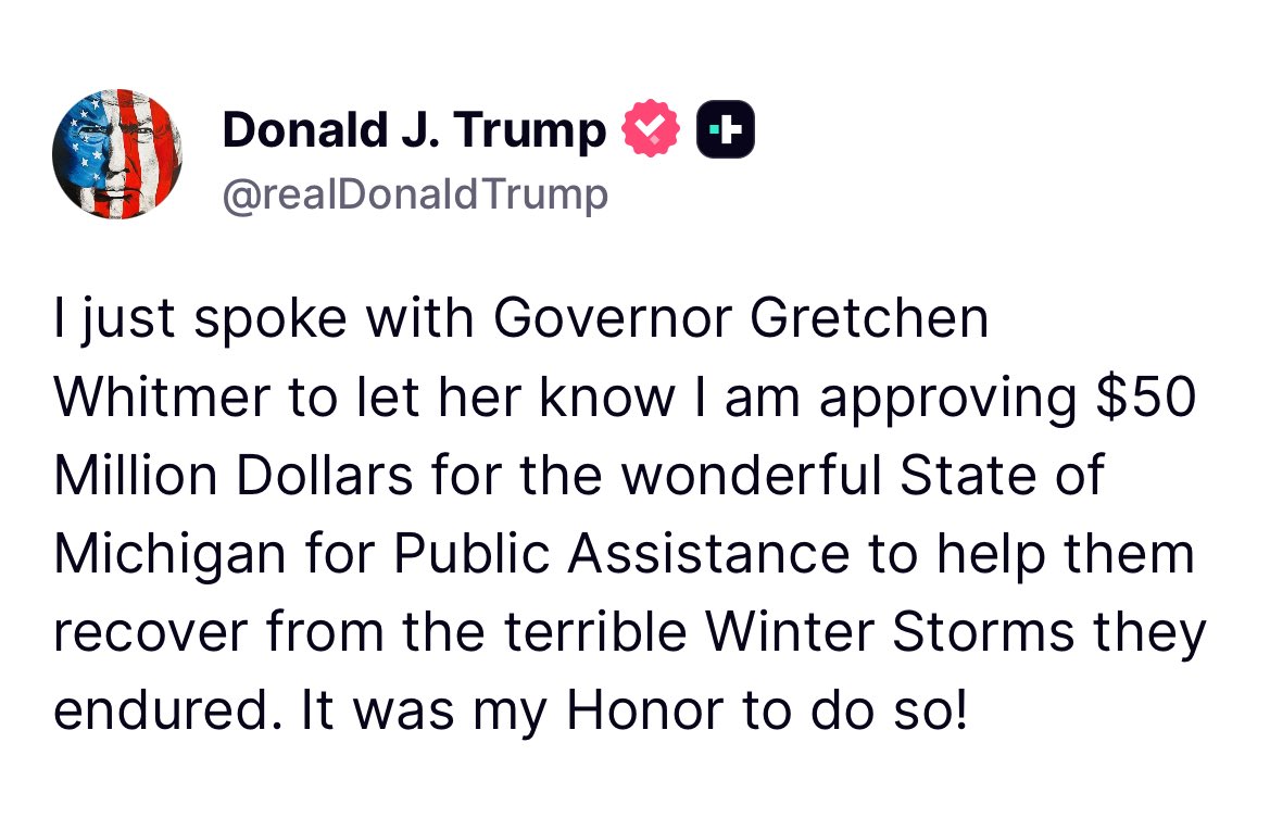 davidshepardson's tweet image. Trump says he just spoke to @GovWhitmer on winter storm relief