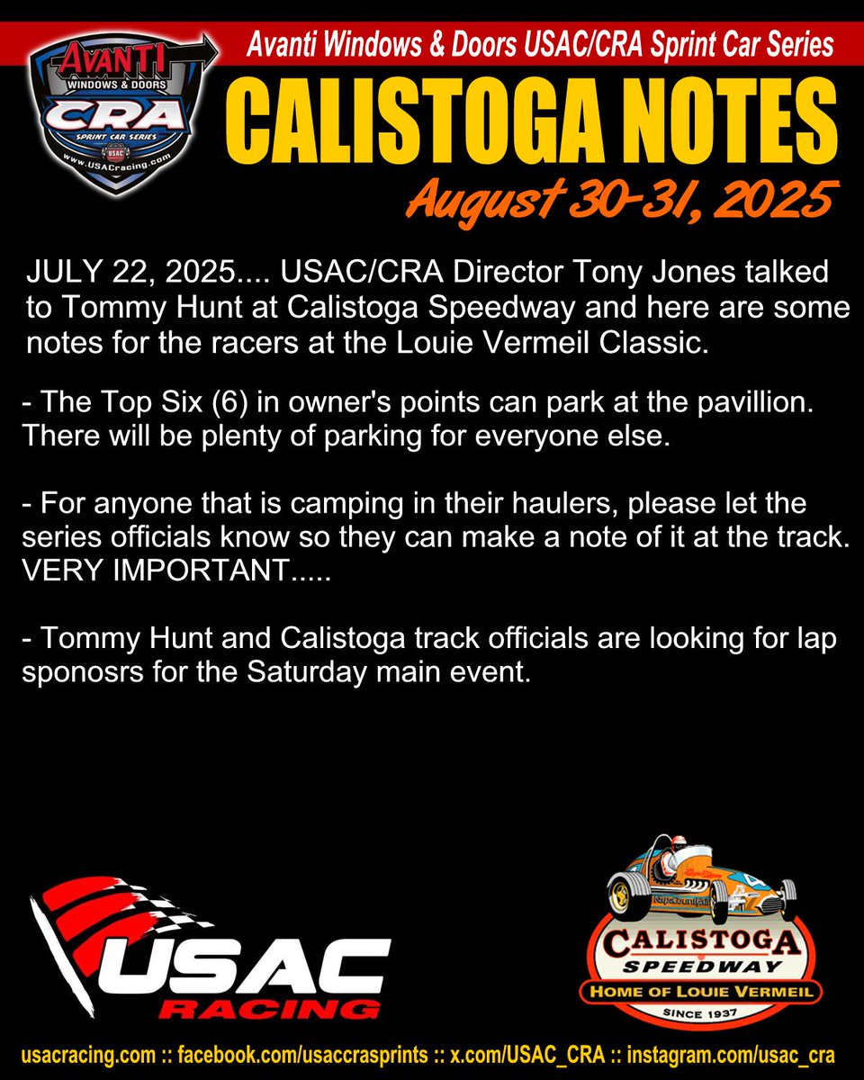 CALISTOGA USAC/CRA RACER NOTES