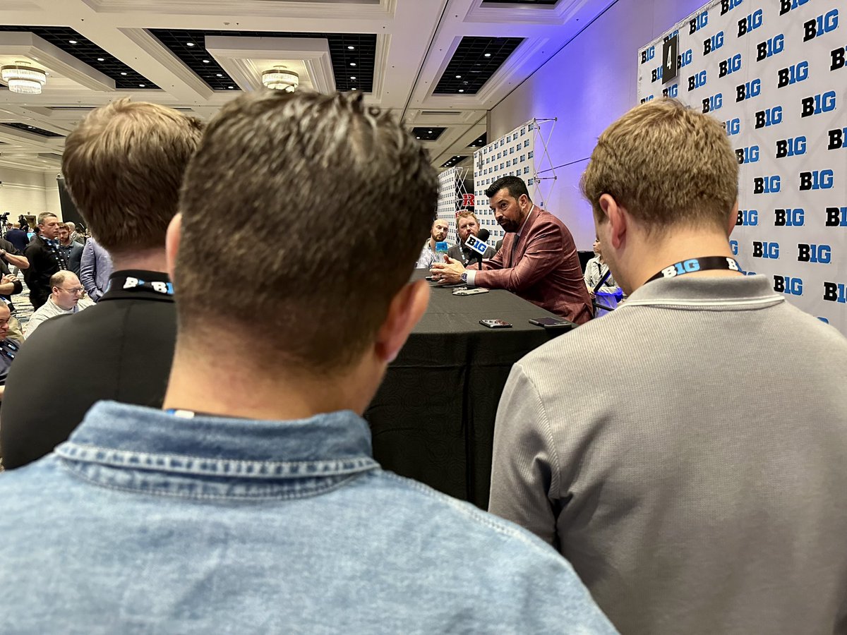 TomOrr4's tweet image. Ryan Day fielding questions from a huge group of reporters at Big Ten Media Days.