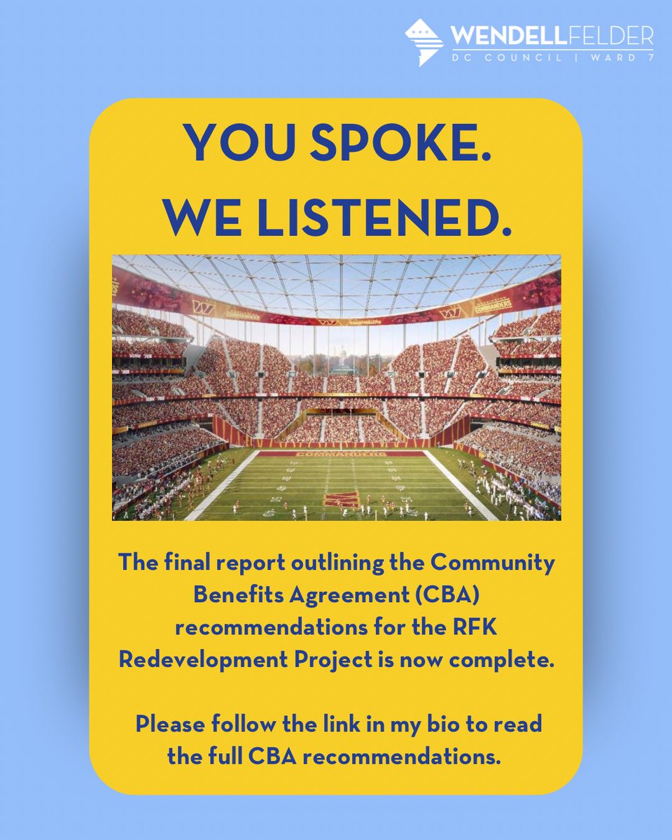 CMWendellFelder's tweet image. After months of work and community input, we’ve finalized the RFK Community Benefits Agreement! It’s now with the Council, Mayor, and Commanders. Huge thanks to Ward 7 residents for showing up and speaking out. Let’s keep building together.