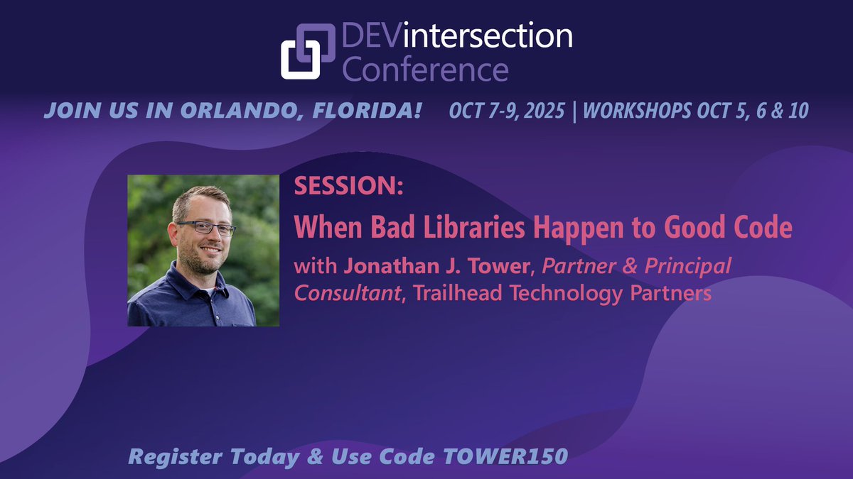 DEVintersection Conference (@devintersection) on Twitter photo Not all libraries are created equal. Join Jonathan “J.” Tower (<a href="/JonathanTower/">Jonathan Tower</a>) at DEVintersection to learn four rules for choosing 3rd-party libraries that won’t wreck your codebase.
Register: bit.ly/DEVXPOST
#DEVintersection #DotNet #MicrosoftAI #BuildWithAI Not all libraries are created equal. Join Jonathan “J.” Tower (<a href="/JonathanTower/">Jonathan Tower</a>) at DEVintersection to learn four rules for choosing 3rd-party libraries that won’t wreck your codebase.
Register: bit.ly/DEVXPOST
#DEVintersection #DotNet #MicrosoftAI #BuildWithAI