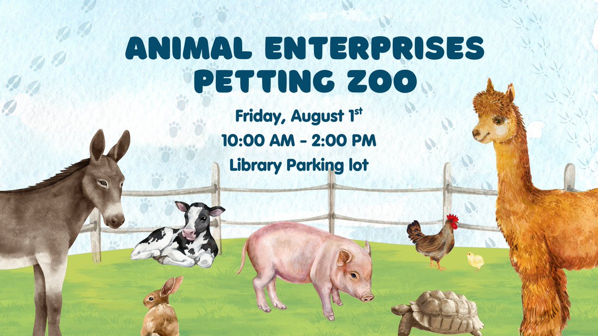Come meet goats, sheep, alpacas, a tortoise, and maybe even a camel at the Animal Enterprises Petting Zoo! 

This free, family-friendly event is happening in the library's front parking lot on August 1 from 10 AM  to 2 PM. No registration needed - just drop by and enjoy the fun!
