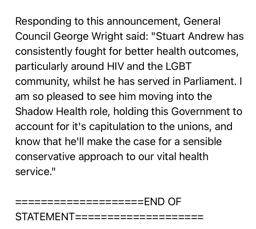 JAHeale's tweet image. The LGBT+ Conservatives have welcomed Stuart Andrew’s promotion to Shadow Health Secretary: