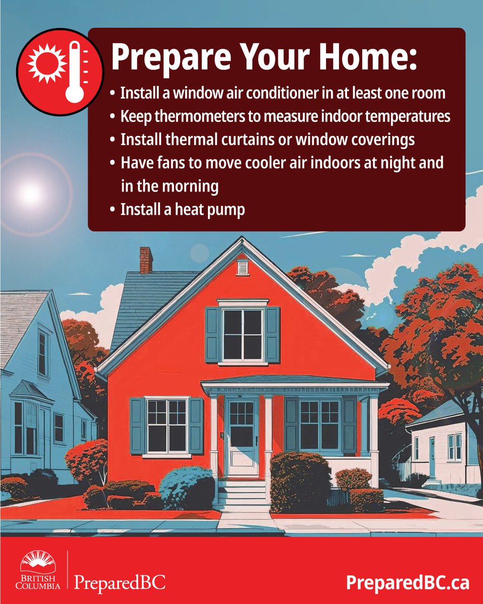 PreparedBC's tweet image. Prepare your home for hot weather:
Install a window air conditioner in at least one room ✔️
Install thermal curtains or window coverings ✔️
Have fans ✔️
Install a heat pump ✔️
Learn more: PreparedBC.ca/ExtremeHeat
#BCHeat