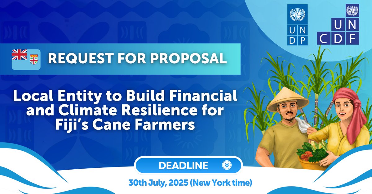 UNDP_Pacific's tweet image. 🚜UNDP & @UNCDF Pacific seek an aggregator partner to raise awareness, deliver financial literacy, & expand access to parametric insurance for sugarcane farmers in #Fiji.
📩Apply now: zurl.co/VxoS1