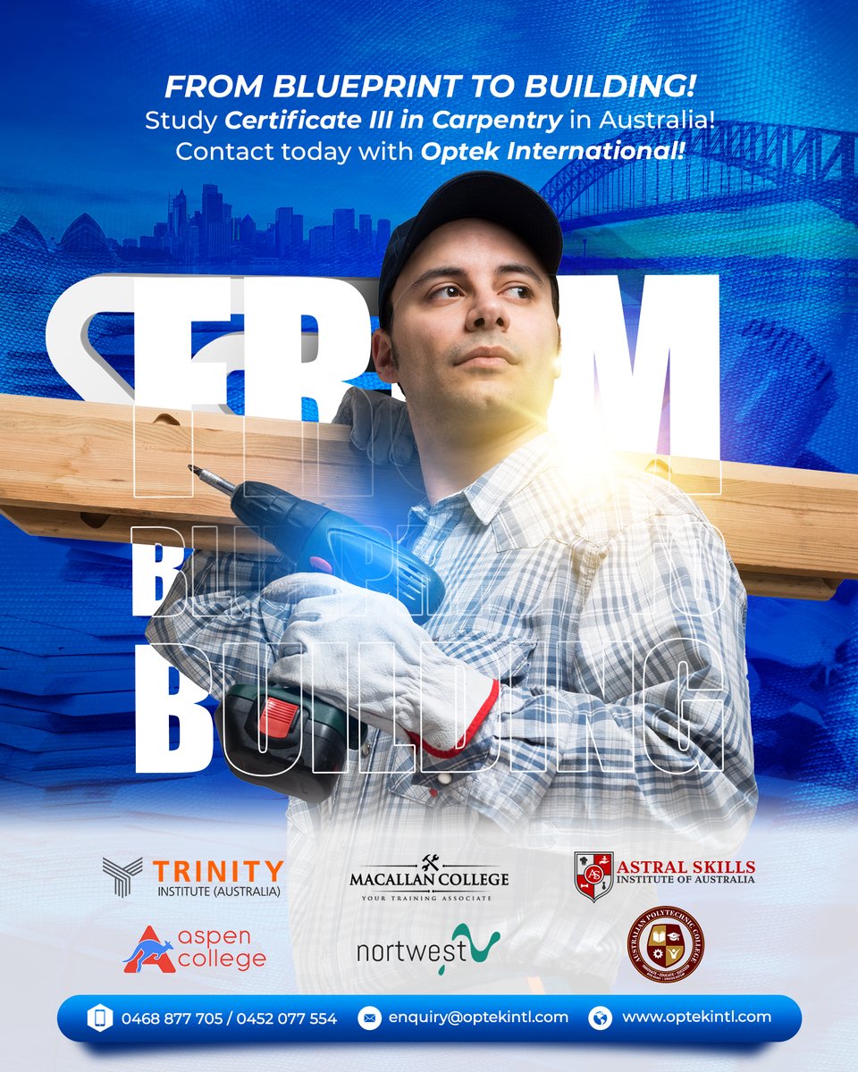 optekintl's tweet image. From blueprint to building. Study Certificate III in Carpentry in Australia. Apply now through Optek International.

𝐌𝐚𝐤𝐞 𝐚𝐧 𝐚𝐩𝐩𝐨𝐢𝐧𝐭𝐦𝐞𝐧𝐭 - optekintl.com/book-appointme… 

#CarpentryCourse #BlueprintToCareer #TradeSkills #OptekInternational #StudyInAustralia