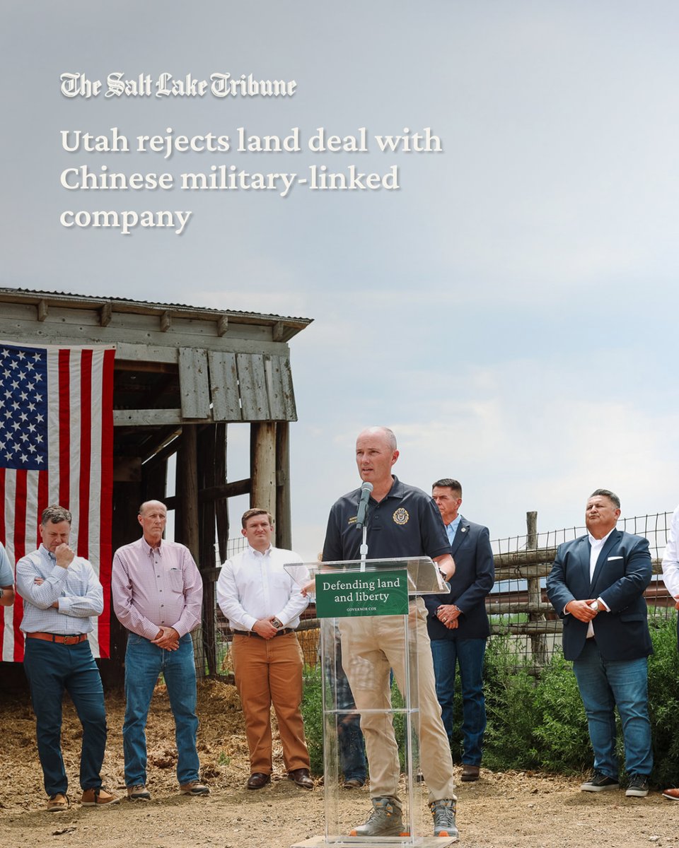 GovCox's tweet image. Last week, Utah drew a clear line: no adversarial foreign buyers on our soil.
Thanks to Rep. Candice Pierucci’s strong legislation, we blocked a land purchase near the Provo Airport by a company tied to the Chinese military. Utahns will always defend our land, our values, and…