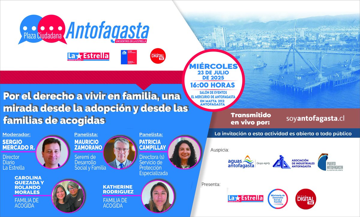 MDSF Antofagasta (@dsocial_ii) on Twitter photo ¡Importante! Mañana tiene una cita imperdible en una nueva Plaza Ciudadana, organizada por La Estrella de #Antofagasta y la Seremi de Desarrollo Social y Familia.
¡Asista a este gran encuentro ciudadano!
<a href="/MinDesarrollo/">Ministerio de Desarrollo Social y Familia</a>
<a href="/DPRAntofagasta/">Delegación Presidencial Regional de Antofagasta</a>
<a href="/SubseNinez/">Subsecretaría de la Niñez</a>
<a href="/Aguas_Antof/">Aguas Antofagasta</a>
<a href="/AIA_ANTOFAGASTA/">Asociación de Industriales de Antofagasta (AIA)</a> ¡Importante! Mañana tiene una cita imperdible en una nueva Plaza Ciudadana, organizada por La Estrella de #Antofagasta y la Seremi de Desarrollo Social y Familia.
¡Asista a este gran encuentro ciudadano!
<a href="/MinDesarrollo/">Ministerio de Desarrollo Social y Familia</a>
<a href="/DPRAntofagasta/">Delegación Presidencial Regional de Antofagasta</a>
<a href="/SubseNinez/">Subsecretaría de la Niñez</a>
<a href="/Aguas_Antof/">Aguas Antofagasta</a>
<a href="/AIA_ANTOFAGASTA/">Asociación de Industriales de Antofagasta (AIA)</a>