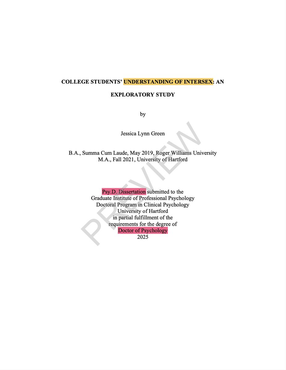 SwipeWright's tweet image. This person just earned a Doctor of Psychology from the University of Hartford for her dissertation on misconceptions about "intersex" conditions, yet the very first sentence makes the long-debunked claim that 1.7% (or even 4%!) of people are intersex.🤦♂️