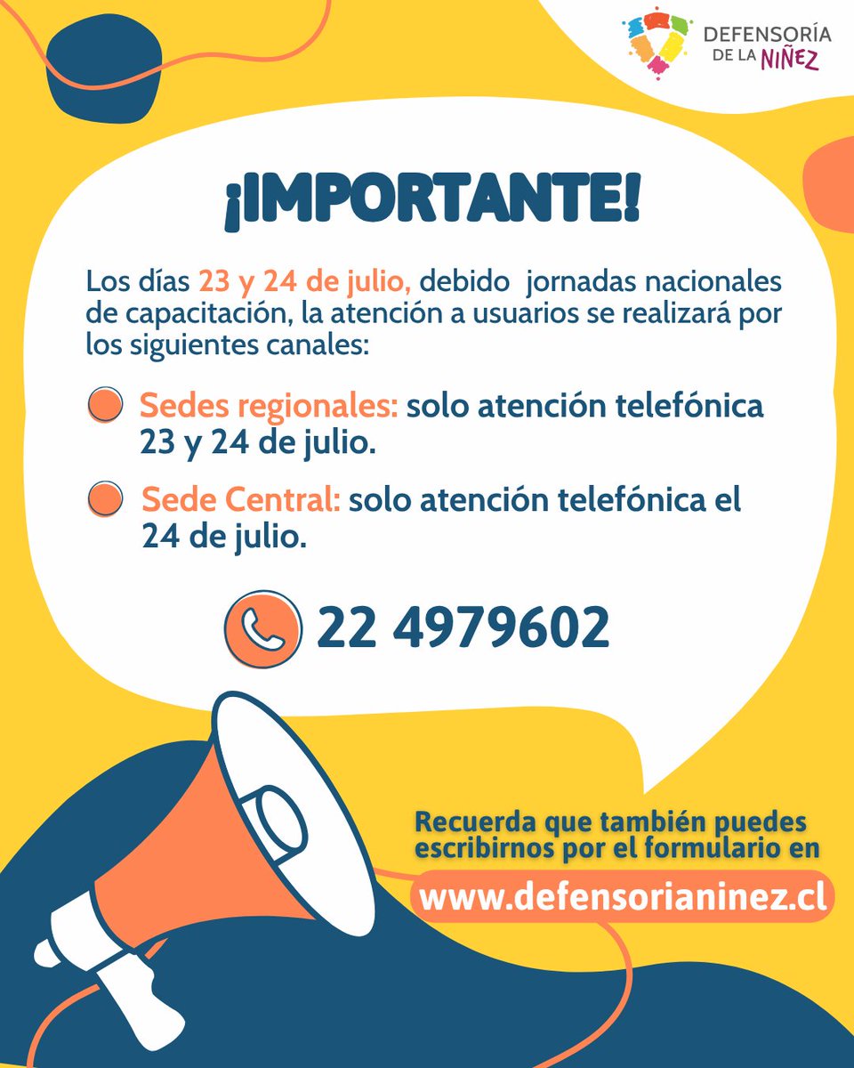 defensorianinez's tweet image. ⚠️¡Atención! Este miércoles 23 y jueves 24 de julio, la Defensoría de la Niñez ajustará su modalidad de atención a público, debido a la realización de jornadas de capacitación a nivel nacional. 

Revisa aquí el detalle: