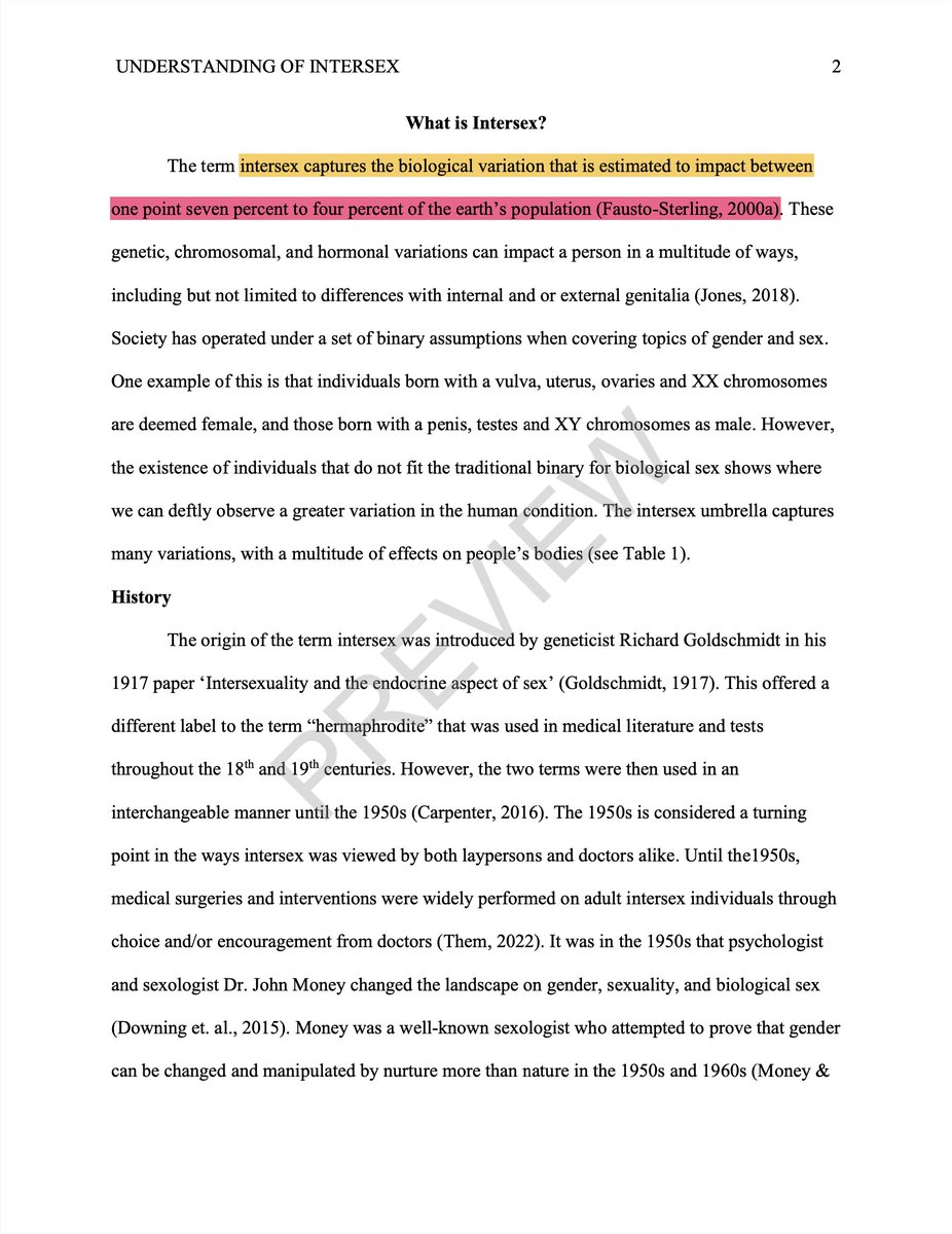 SwipeWright's tweet image. This person just earned a Doctor of Psychology from the University of Hartford for her dissertation on misconceptions about "intersex" conditions, yet the very first sentence makes the long-debunked claim that 1.7% (or even 4%!) of people are intersex.🤦♂️