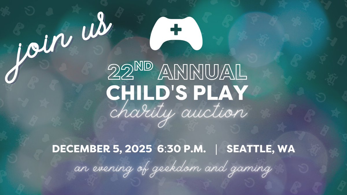 CPCharity's tweet image. Ready to bid, laugh & change lives? Join the 22nd Annual Child’s Play Charity Auction on Dec 5 at 6:30 pm, Seattle Convention Center Skybridge! Epic items, heartwarming stories & gaming for good—all to help kids heal through play.
Tickets: childsplaycharity.org/auction