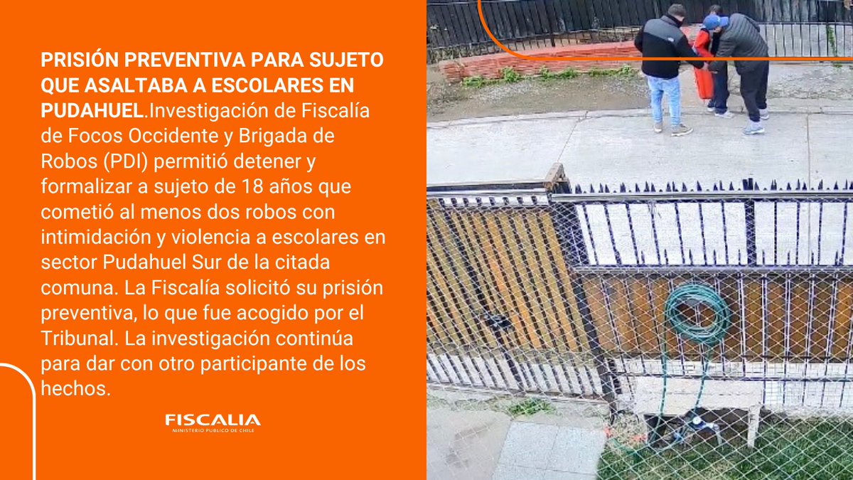 🔴ASALTABA A ESCOLARES EN LA VÍA PÚBLICA: QUEDÓ EN PRISIÓN PREVENTIVA.
Investigación de Fiscalía Focos ⁦<a href="/Fisc_Occidente/">Fiscalía Metropolitana Occidente</a>⁩ y Brigada de Robos ⁦<a href="/PDI_CHILE/">PDI Chile</a>⁩ logra detener a sujeto que asaltaba a escolares en #Pudahuel. 
                   👇🏻