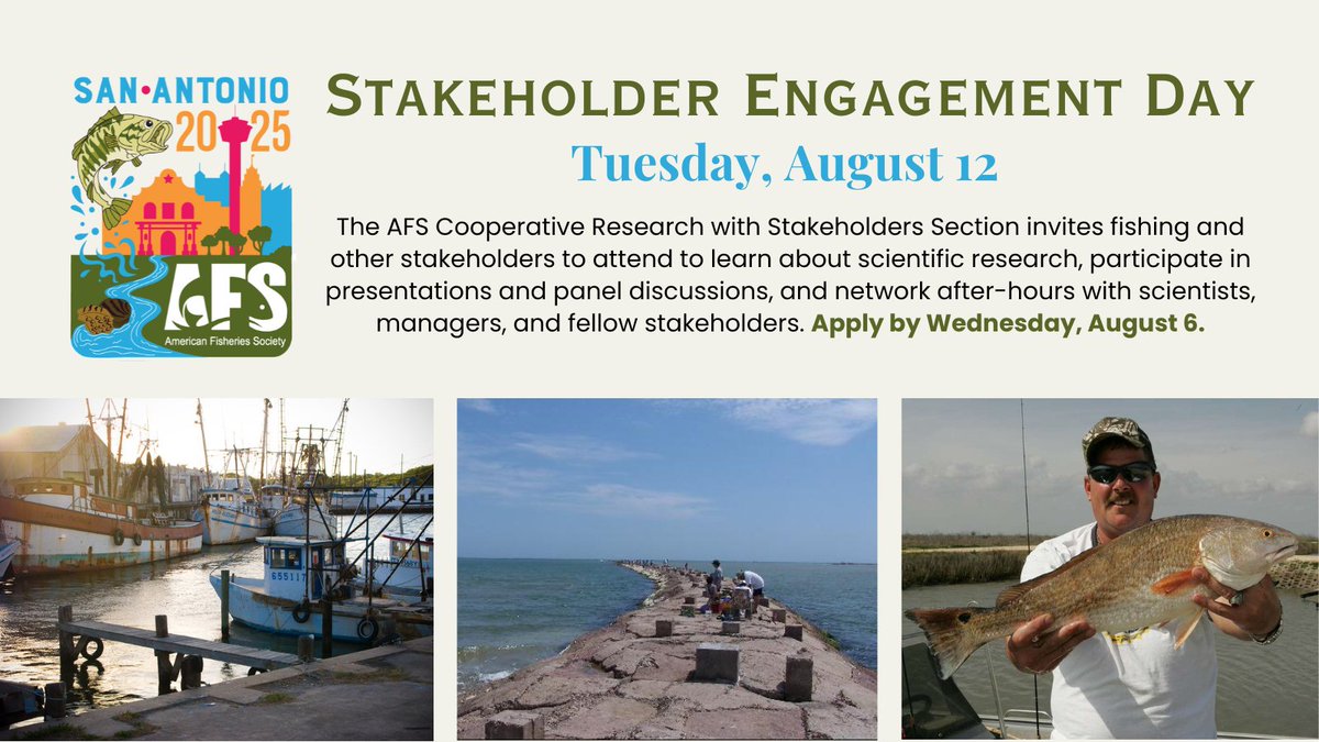 August 12 is Stakeholder Engagement Day at #AFS155! The AFS Cooperative Research with Stakeholders Section organizes this opportunity for commercial and recreational fishing and aquaculture stakeholders to learn and participate. Apply by 8/6: afsannualmeeting.fisheries.org/stakeholder-en…