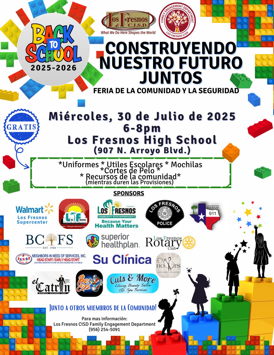 LosFresnosCISD's tweet image. The Los Fresnos CISD Family Engagement Department invites you to join us as we kick off the 2025–2026 school year!
✏️Building Our Future Together: Community & Safety Fair
🗓️ Wednesday, July 30, 2025
⏲️ 6–8 PM
📍 Los Fresnos High School (907 N. Arroyo Blvd.)