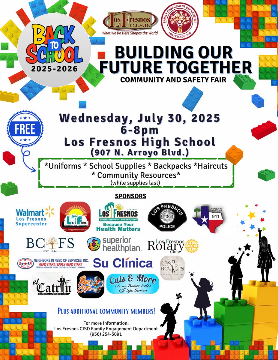 LosFresnosCISD's tweet image. The Los Fresnos CISD Family Engagement Department invites you to join us as we kick off the 2025–2026 school year!
✏️Building Our Future Together: Community & Safety Fair
🗓️ Wednesday, July 30, 2025
⏲️ 6–8 PM
📍 Los Fresnos High School (907 N. Arroyo Blvd.)