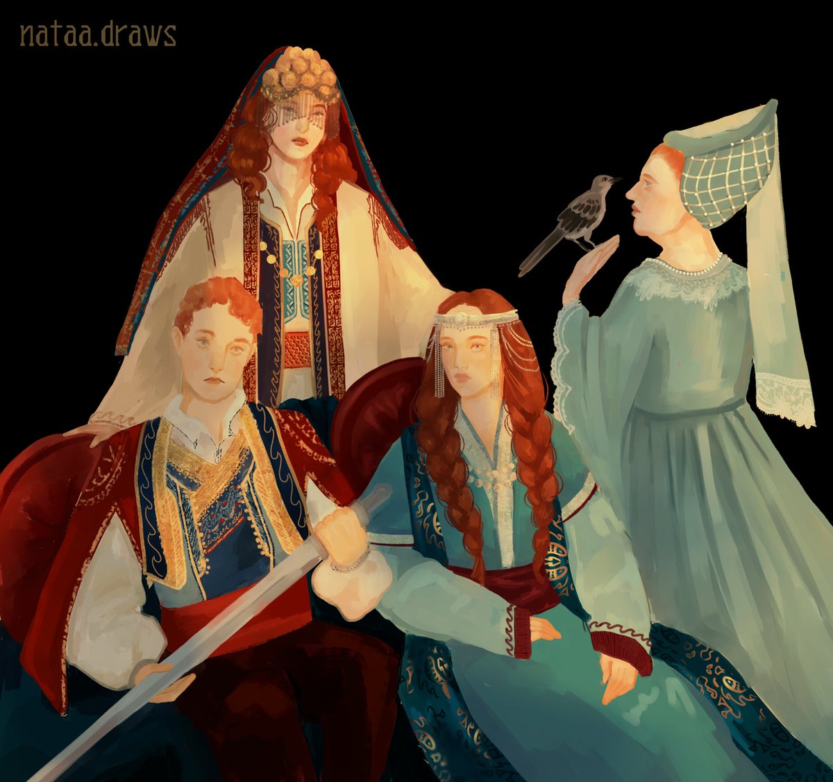 weirwooddream's tweet image. 🌊 The Tully siblings in 290 AC 🌊
A portrait of all the Tully siblings together. From left to right: Edmure Tully, Celia ‘Mallister’ (OC), Catelyn ‘Stark’ and Lysa ‘Arryn’.
Done by the marvellous @Nataa_draws