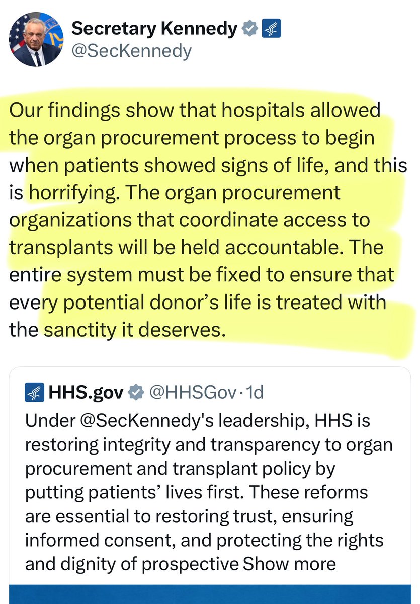 MelissaRedpill's tweet image. Hospitals are harvesting organs!!!
Horrifying!
Post from RFK Jr
Our findings show that hospitals allowed the organ procurement process to begin when patients showed signs of life, and this is horrifying. The organ procurement organizations that coordinate access to transplants…