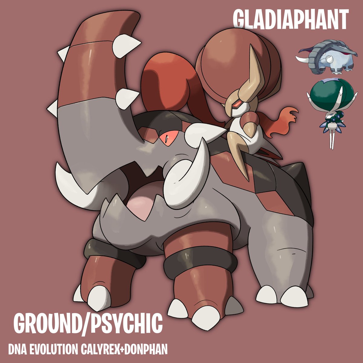 Fakemonforever2's tweet photo. Pokemon presents sure but have you seen my next DNA evolution? Calyrex gets to ride Donphan and becomes Gladiaphant! Head to the link below to watch the full video! https://t.co/w12EhFO6jq