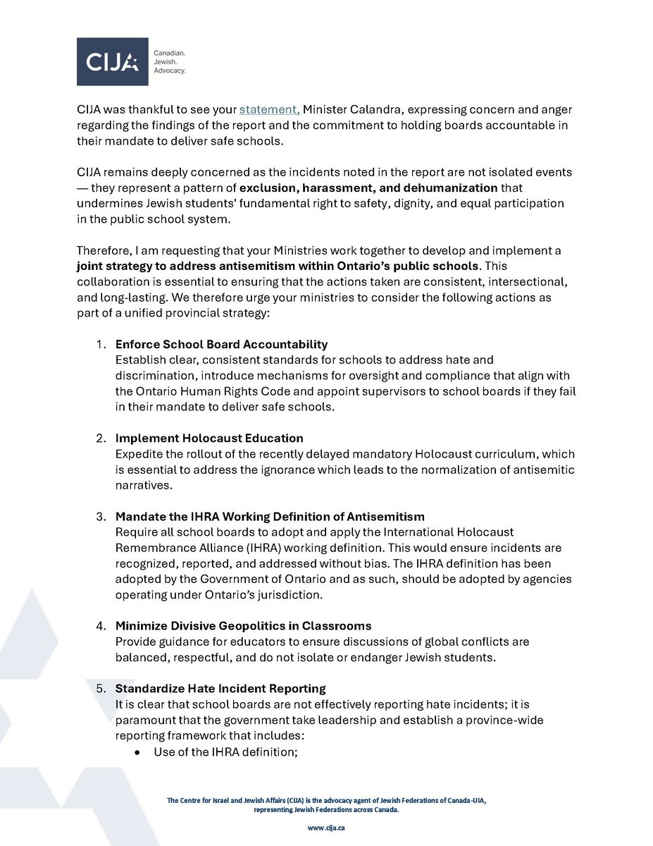 CIJAinfo's tweet image. Following the release of a federal report confirming widespread antisemitism within Ontario's schools, we wrote to the Government of Ontario, urging them to develop and implement a strategy to stop antisemitism in our classrooms. Jewish students are being harassed, excluded, and…