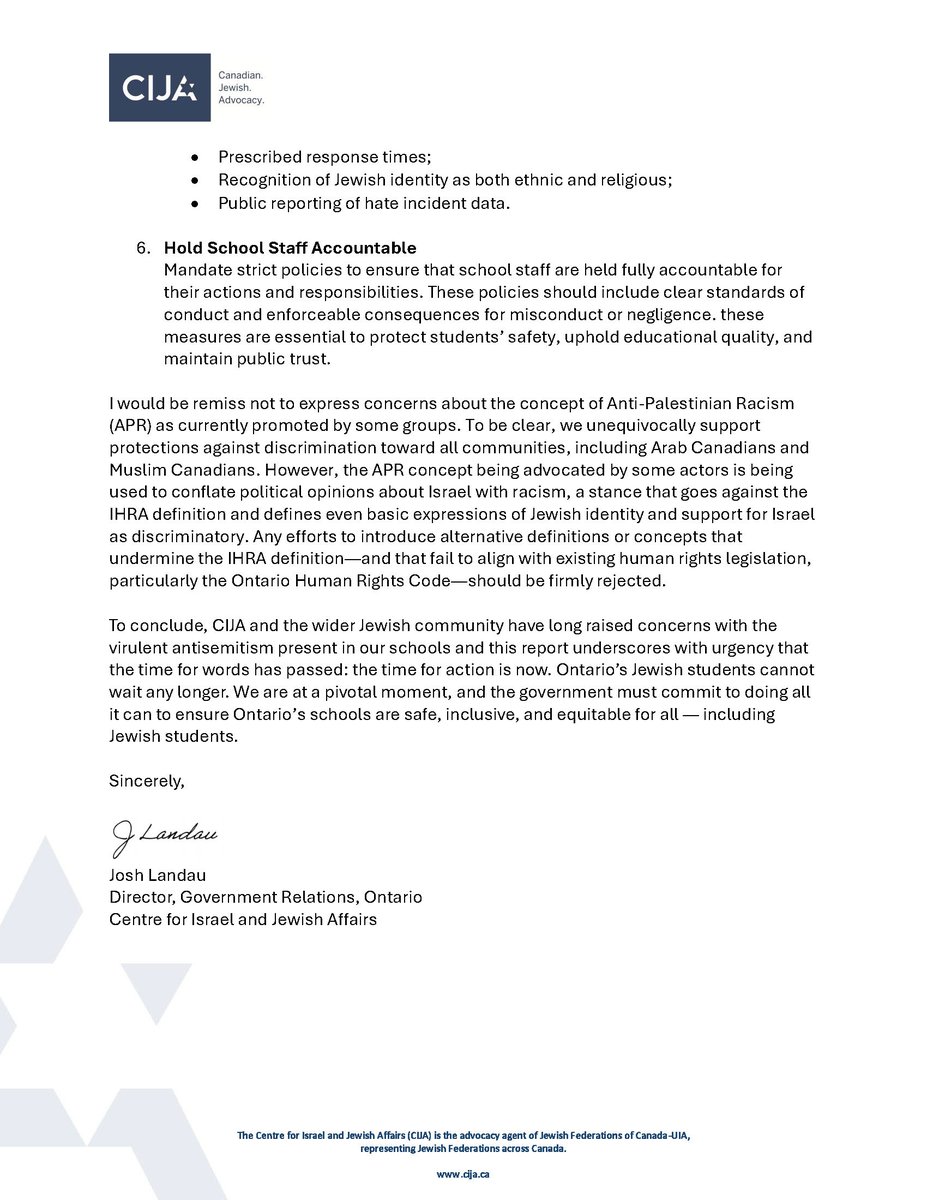 CIJAinfo's tweet image. Following the release of a federal report confirming widespread antisemitism within Ontario's schools, we wrote to the Government of Ontario, urging them to develop and implement a strategy to stop antisemitism in our classrooms. Jewish students are being harassed, excluded, and…