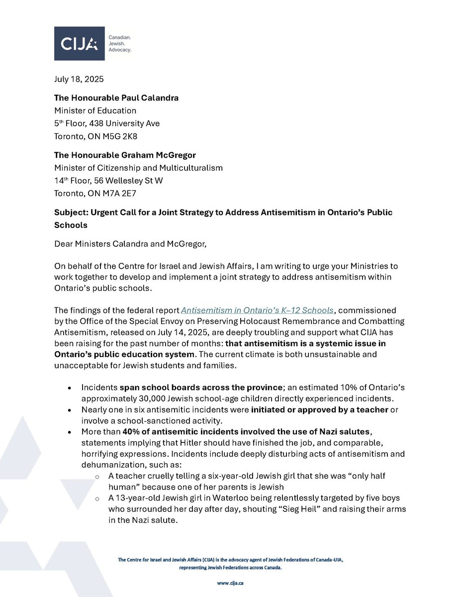 CIJAinfo's tweet image. Following the release of a federal report confirming widespread antisemitism within Ontario's schools, we wrote to the Government of Ontario, urging them to develop and implement a strategy to stop antisemitism in our classrooms. Jewish students are being harassed, excluded, and…