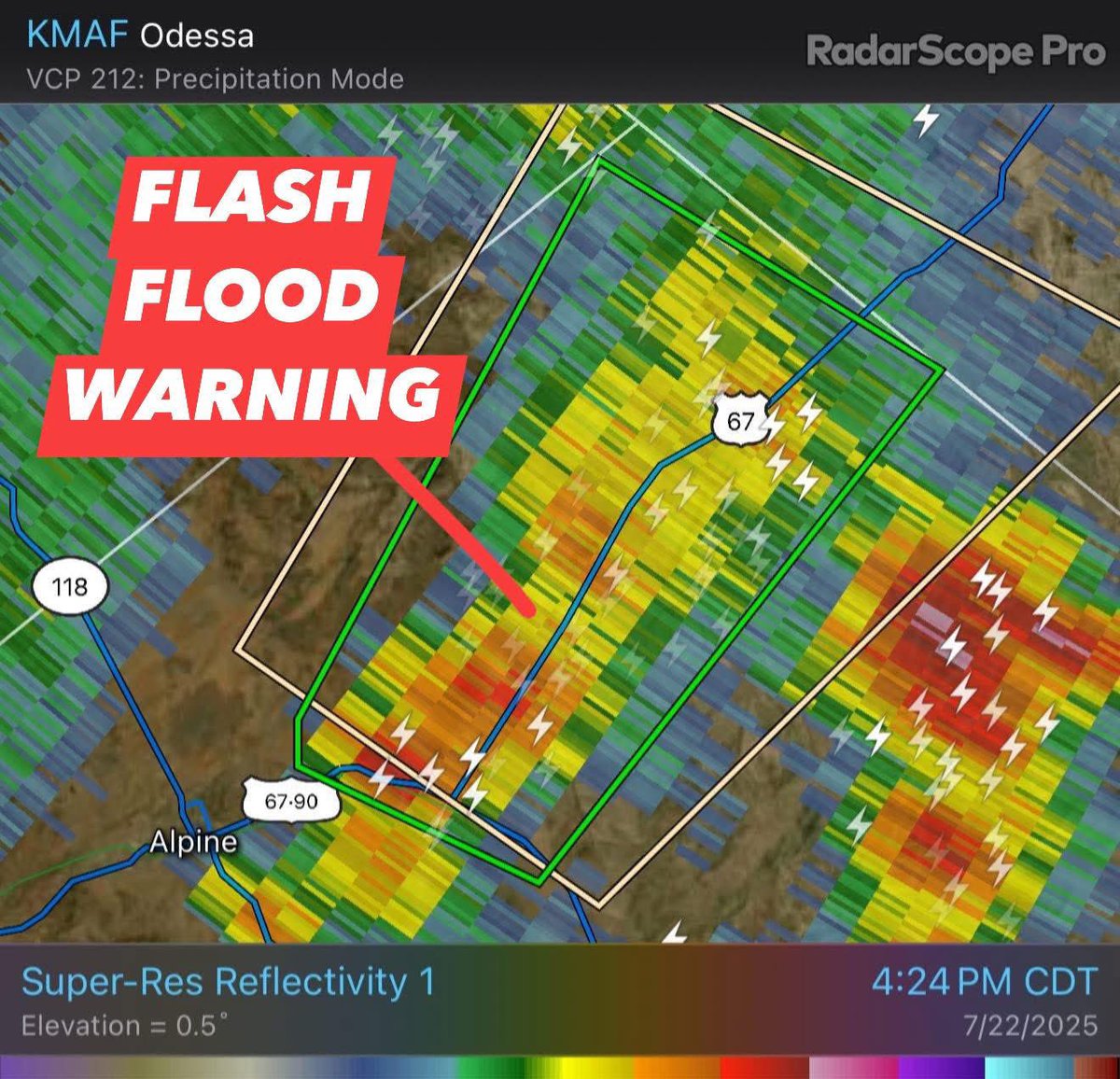 TxStormChasers's tweet image. ⚠️ Flash Flood Warning for Northern Brewster County in southwestern Texas Until 730 PM CDT.
At 421 PM CDT, Doppler radar indicated thunderstorms producing heavy rain across the warned area. Between 1 and 2 inches of rain have fallen. Additional rainfall amounts of 0.5 to 1 inch…