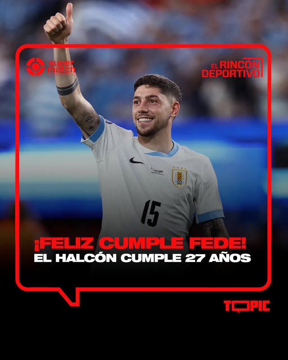 topic_media's tweet image. 🥳 ¡Feliz cumple #Fede! 

🎂 Hoy, 22 de julio, #FedericoValverde cumple 27 años. 

🏆 A pesar de su corta edad el #Halcón ya tiene 15 títulos en su vitrina, entre ellos dos #ChampionsLeague y tres ligas españolas.