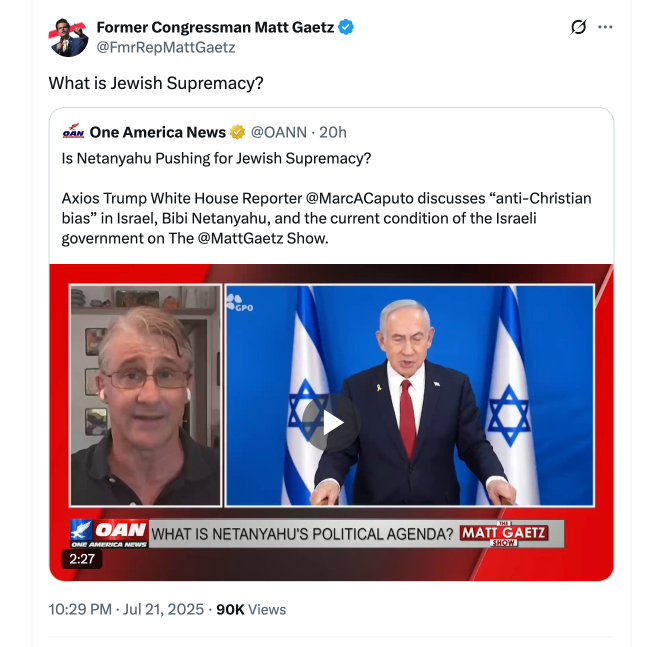 GabeHoff's tweet image. Open antisemitism is the main course for Congressman Matt Gaetz, and his producer Vish Burra.
Good people of all faiths should not support networks like @OANN and @RobHerring spewing hatred.