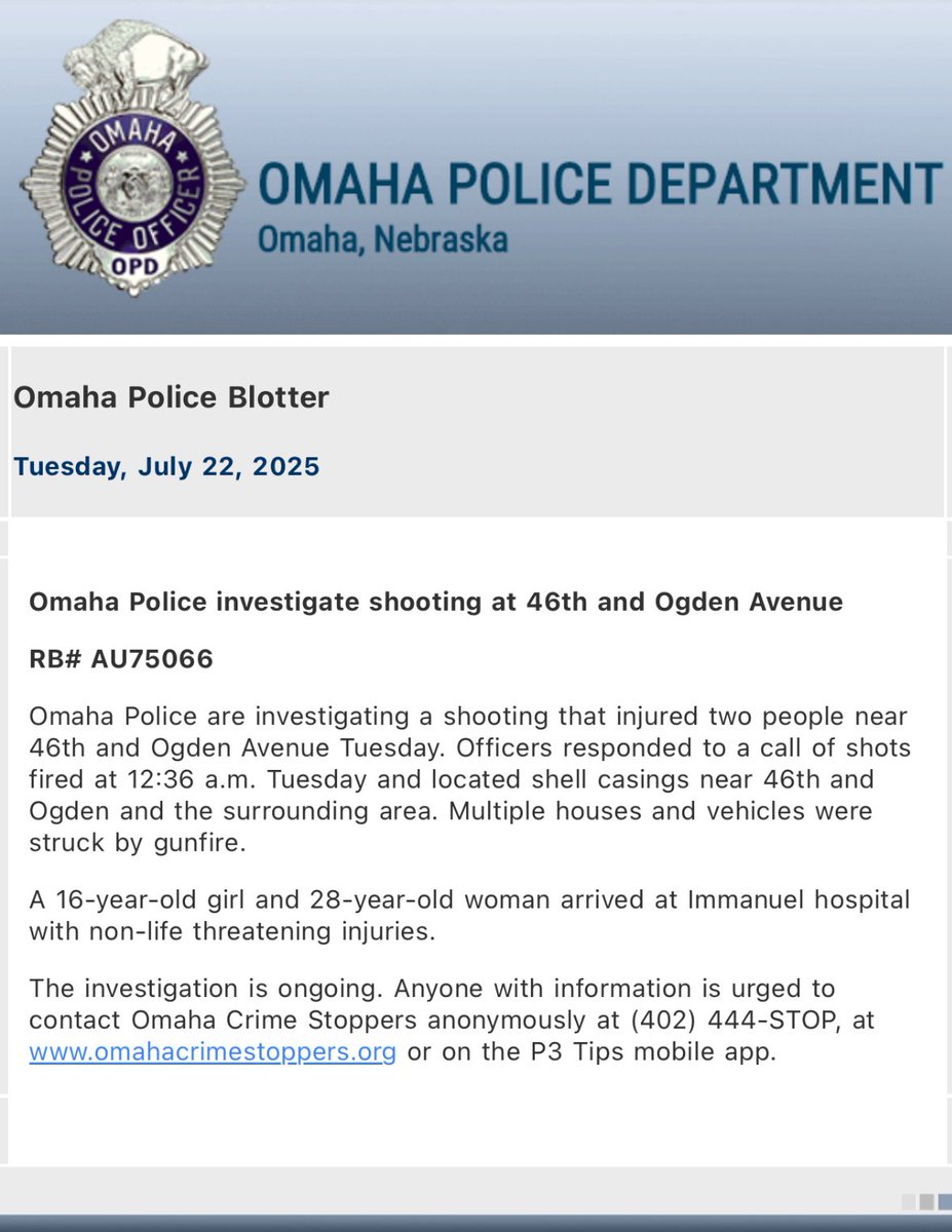 omaha_scanner's tweet image. .@OmahaPolice are investigating a Tuesday morning shooting that occurred near 46th and Ogden Ave. Multiple houses and vehicles were struck by gunfire. A 16 y/o girl and 28 y/o woman arrived at Immanuel hospital with non-life threatening injuries. Contact @CrimeOpd with tips using…