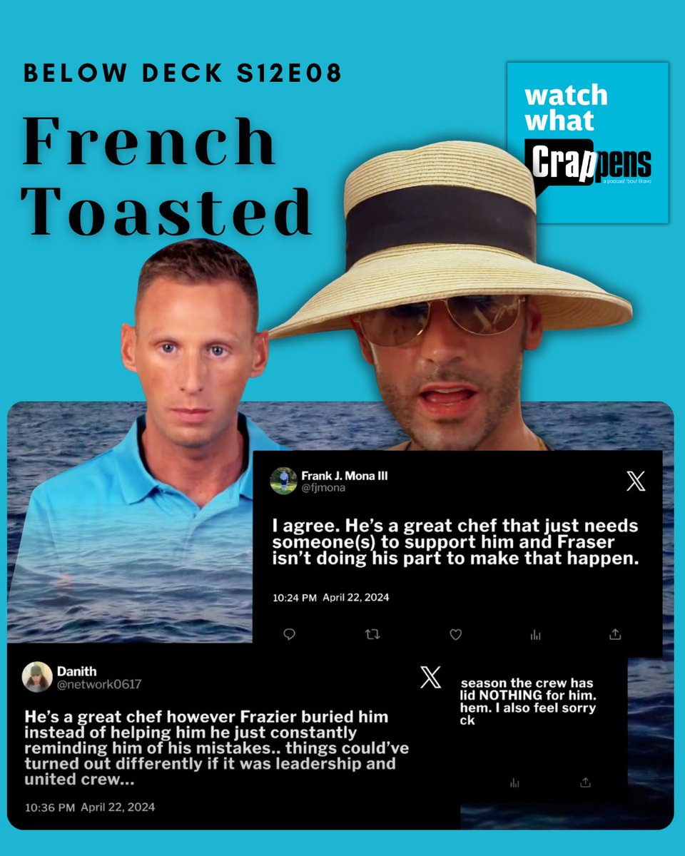 WhatCrappens's tweet image. New epi! #BelowDeck sends the crew on a little villa vacay and cheffy has a breakdown in a straw hat.
This is a two-part recap. Listen now on Patreon or wherever you get your podcasts! #bravotv