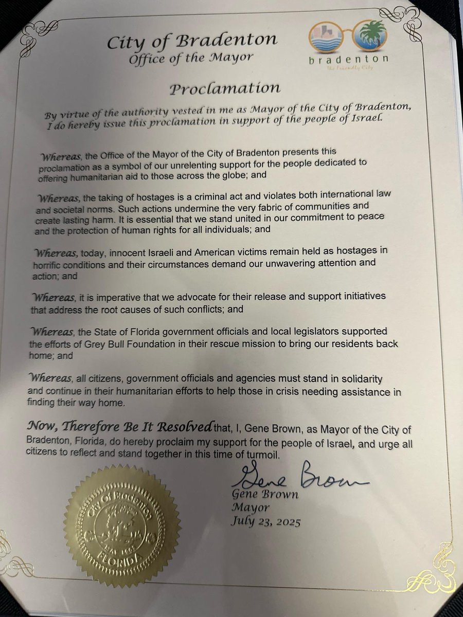 greybullrescue's tweet image. 📣 Honored to share that Grey Bull Rescue will be recognized by the @BradentonGov tomorrow Wednesday, July 23.
A special proclamation will be presented at the City Council meeting, acknowledging ongoing efforts to support Israel, advocate for hostage release, and conduct…