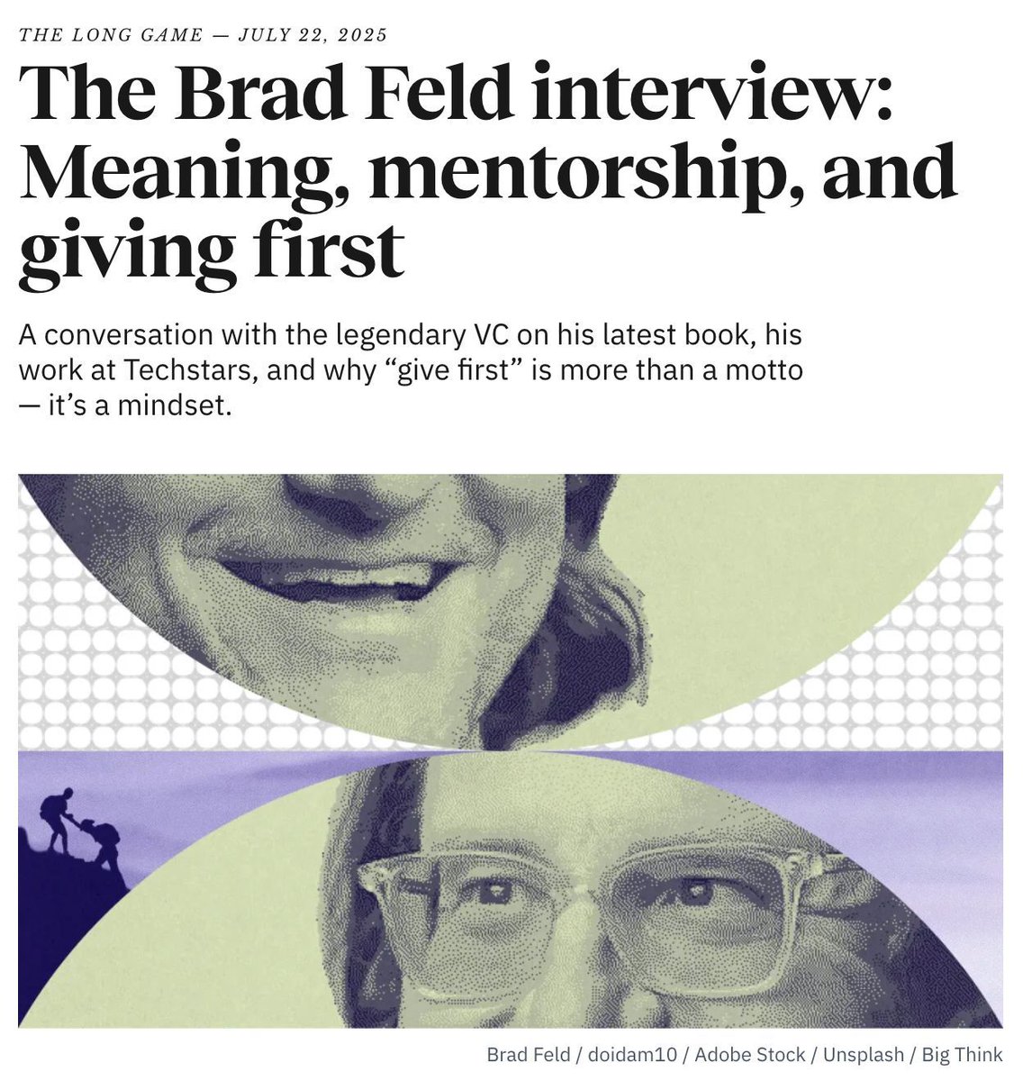 bigthink's tweet image. How do we move away from transactional thinking? @ericmarkowitz @bfeld #BTBusiness
"Take a longer view. Be present. Give first without expecting immediate returns." — Brad Feld
For practical examples read the full interview with Eric Markowitz: bigthink.com/the-long-game/…