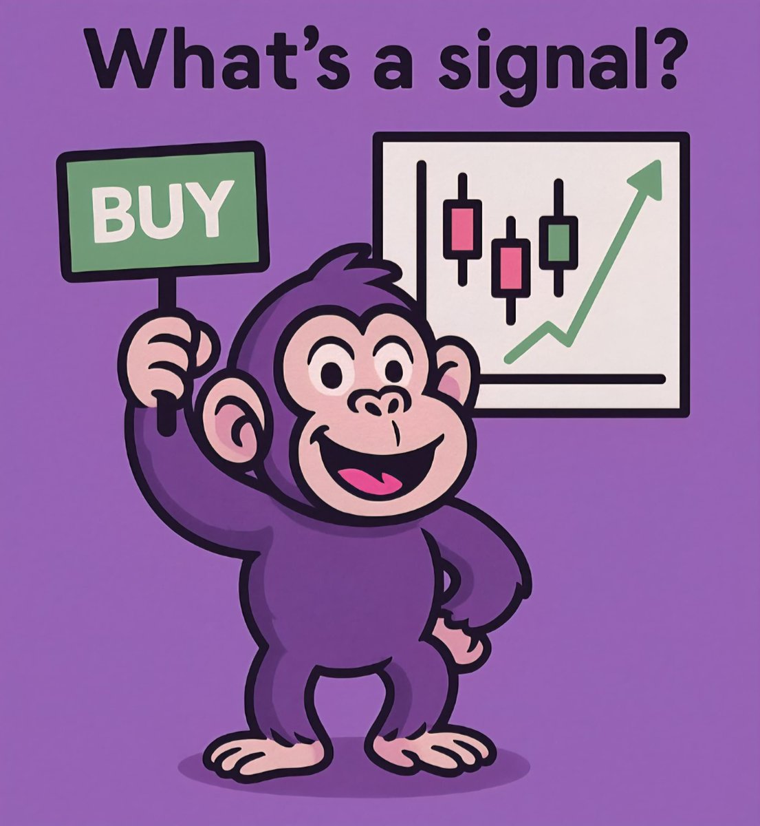 gorillionaireAI's tweet image. Welcome to Signal School in Monad 🏫
Introducing
Candle Talks with Gorilli—Series #01
💡What's a Signal?
That should be simple for apes -
A signal is like a clue 🕵️
It tells us what a coin might do next...
⬆️ Go up (LONG)
⬇️ Or go down (SHORT)
Think of it as your ape friend…