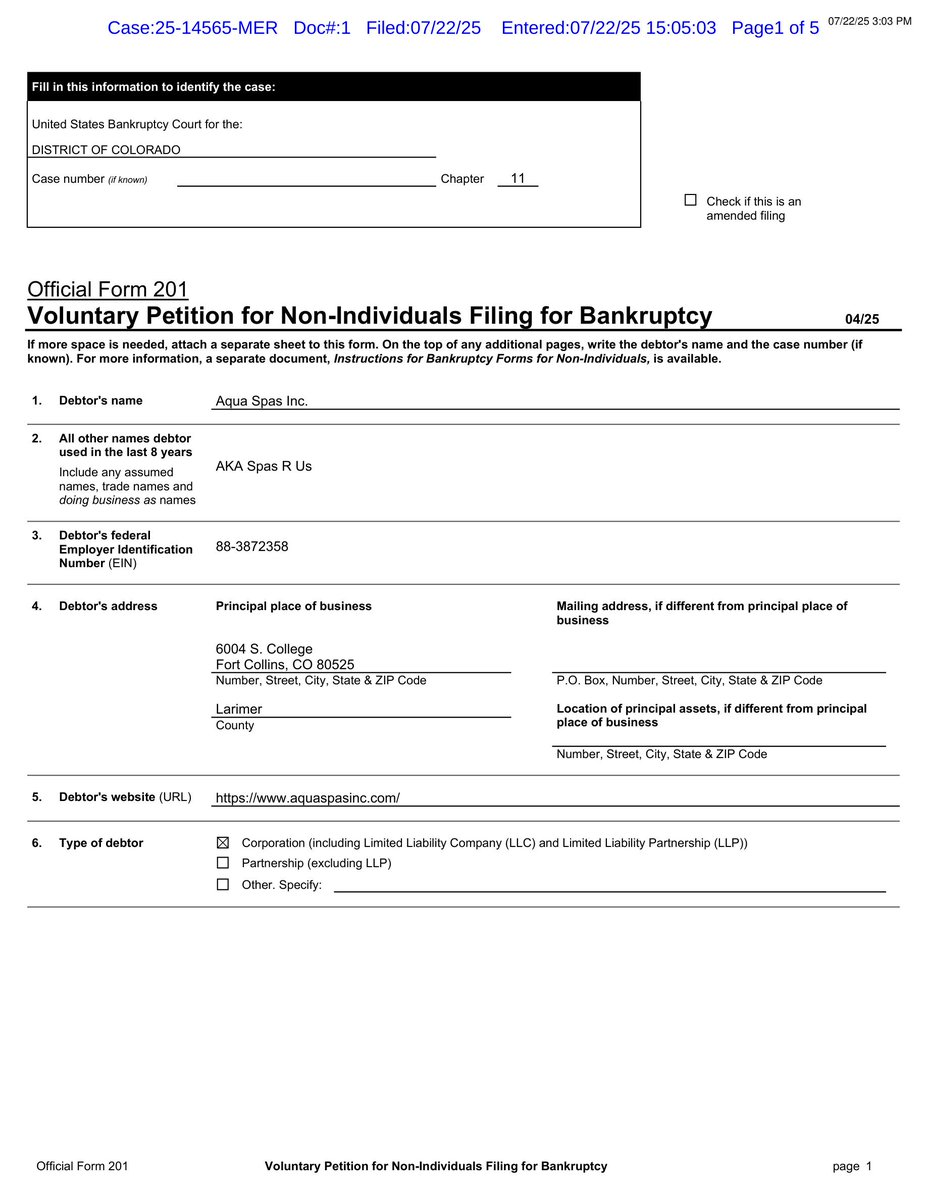 _RKConsultants's tweet image. Aqua Spas Inc. Files Chapter 11 Bankruptcy
🚨 BANKRUPTCY FILING ALERT 🚨
AQUA SPAS INC.
Chapter 11 - DISTRICT OF COLORADO
Filed: July 22, 2025
Case No. 25-14565
📊 Assets: $0-$50K | Liabilities: $1M-$10M | Total Creditors: 1-49 | Industry: Hot Tub & Spa Retail
Filing Summary…