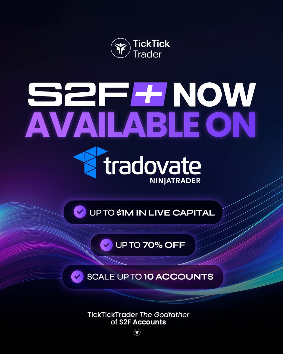 S2F+ Now Available on Tradovate  🚀💙

The wait is OVER. From the Godfather of Straight to Funded accounts, we now bring S2F+ to Tradovate, your favorite trading platform.

🚨 Launch Promo: Save up to 70% OFF
🔹 65% OFF all S2F+ accounts on Tradovate and ProjectX
🔹 +5% EXTRA
