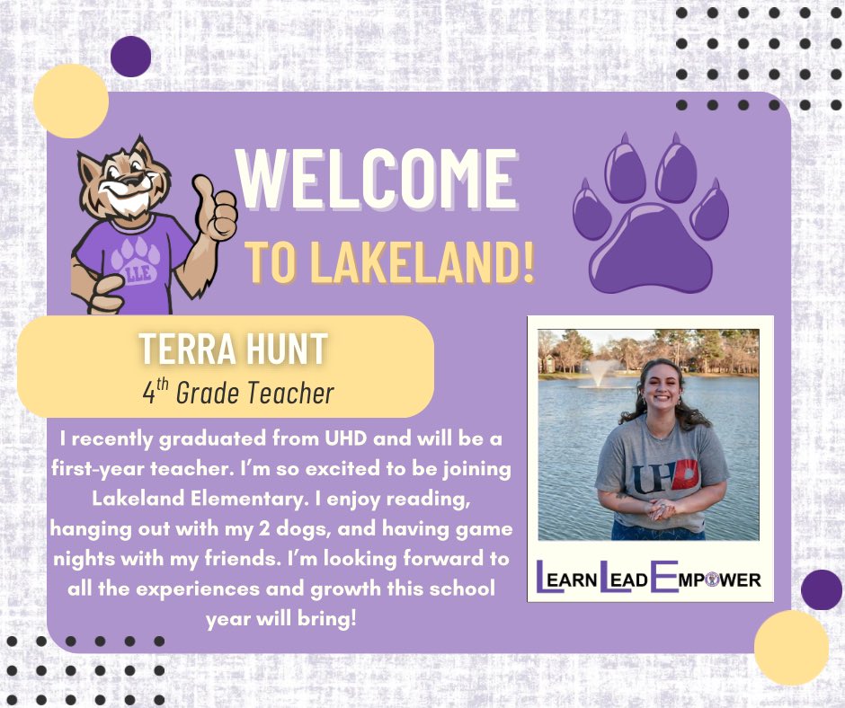 Lakeland Elementary (@humbleisd_lle) on Twitter photo Help us give a warm Wildcat welcome to Terra Hunt, the newest member of our Lakeland family! We’re so excited to have you on the team!💜🐾#WildcatProud <a href="/HumbleISD_LLE/">Lakeland Elementary</a> <a href="/ArmyAg86/">Patrick Andrus</a> Help us give a warm Wildcat welcome to Terra Hunt, the newest member of our Lakeland family! We’re so excited to have you on the team!💜🐾#WildcatProud <a href="/HumbleISD_LLE/">Lakeland Elementary</a> <a href="/ArmyAg86/">Patrick Andrus</a>