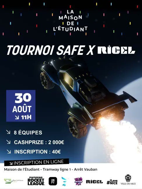 PrawnyTv's tweet image. 🚨ENCORE UNE LAN RL NO BYOC🚨
@Rigel_Esport organise une LAN Rocket League en partenariat avec la Ville de Nice !
💵2000e CP
📅30 aout 2025
🏎️3V3 - 8 slots
🌐la Maison de l'Étudiant Nice
🎟️40e par joueurs
Je serais aux cast et à la prod avec @Just_Nekatt et @Browkoo !
Très…