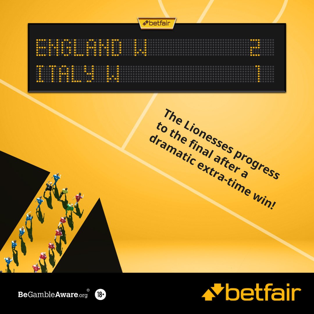 Betfair's tweet image. ⚽️ 90+6’ 😱
⚽️ 119’ 🤯
The Lionesses don’t do things the easy way 😅
#WEURO2025