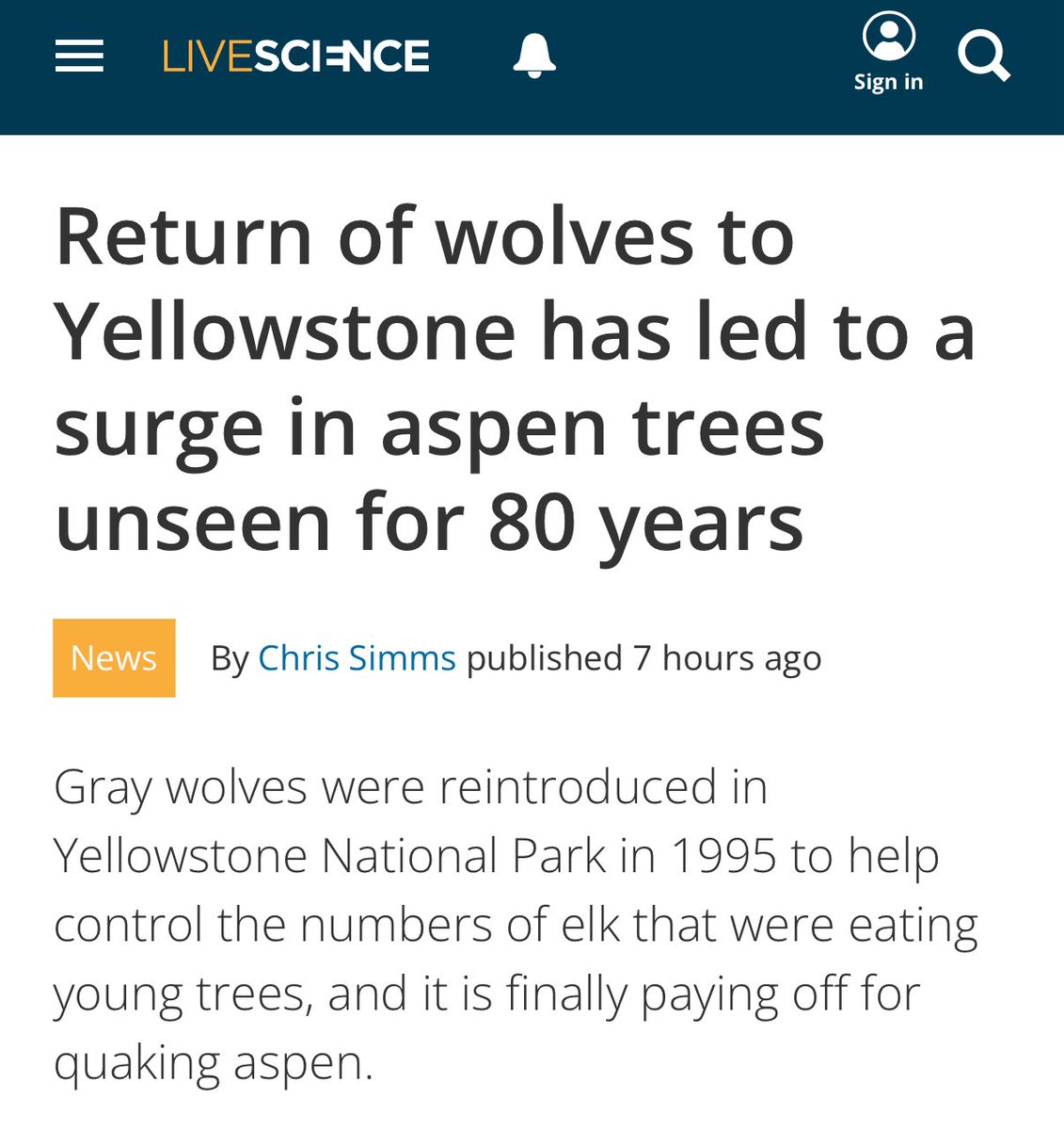 ryankatzrosene's tweet image. Very cool forthcoming study points to the role played by the reintroduction of wolves to Yellowstone Park in allowing aspen stands to grow fully (thanks to increased predation of elk).