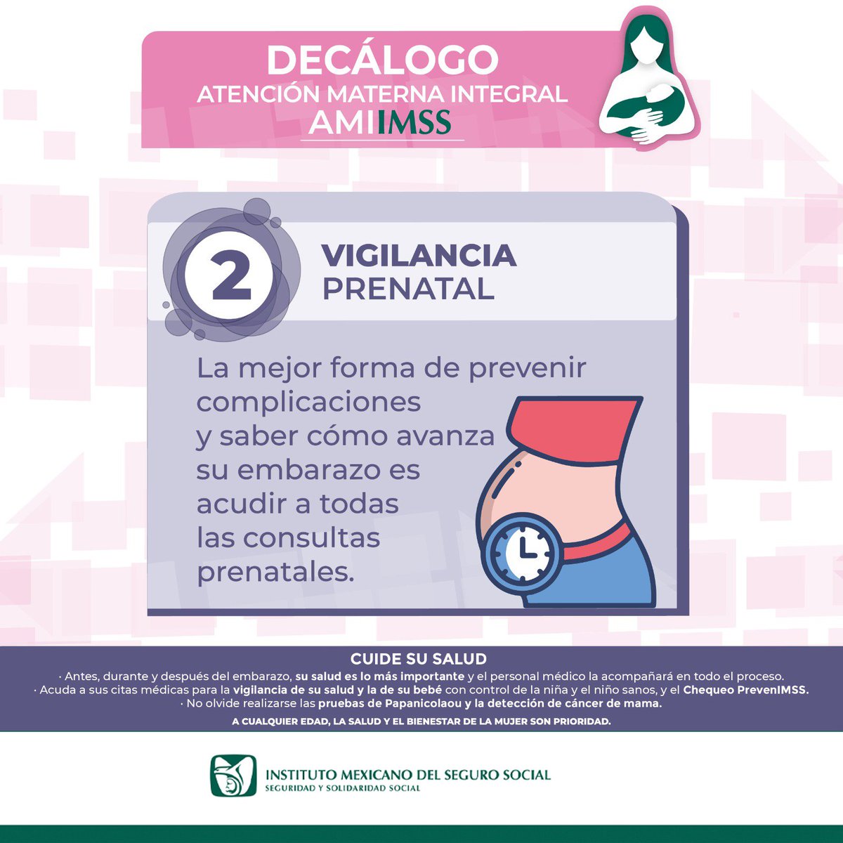 🟣Decálogo Atención Materna Integral #AMIIMSS.

La mejor forma de prevenir complicaciones y saber cómo avanza tu embarazo es acudir a todas tus consultas prenatales. 🗓🤰🏻

Tu salud y la de tu bebé son lo más importante. 

¡Acude a tu #UMF!👉🏥