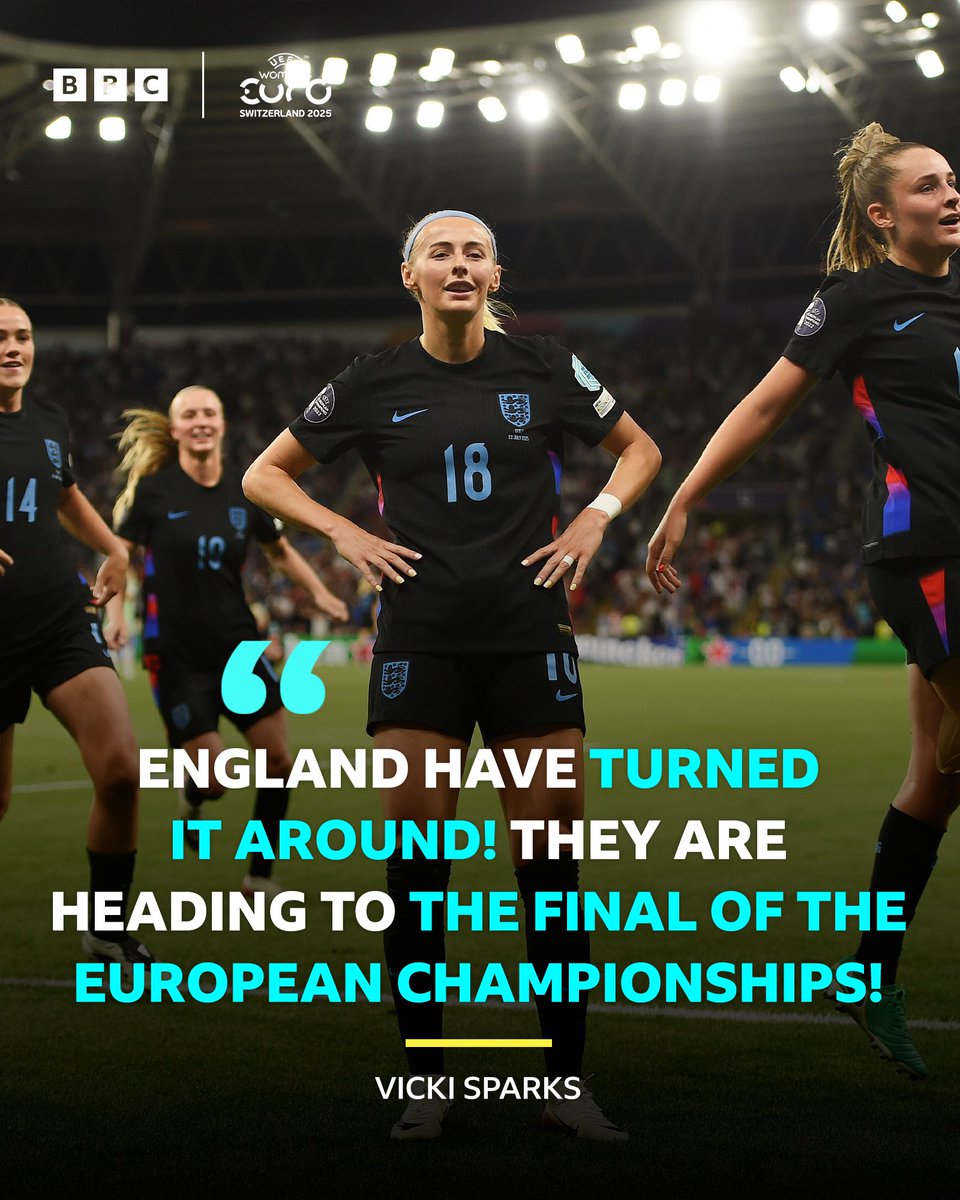 5liveSport's tweet image. 🏴 ENGLAND ARE IN THE FINAL!
🦁 Beth Mead wins a spot kick deep into extra-time, Chloe Kelly's penalty is saved, but she buries it on the rebound 💪
FT: 🏴 England 2-1 Italy 🇮🇹
#BBCFootball #ENGITA #WEURO2025