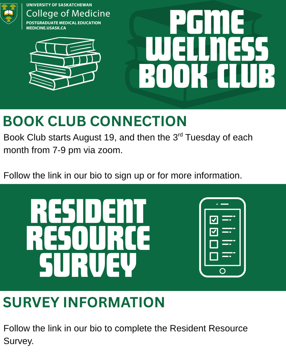 We Want to Hear from You!

The PGME Resident Resource Office is gathering feedback from residents to help enhance our educational sessions, wellness book club, and available supports.

Follow the link in our bio to complete the survey and to learn more or sign up for  Book Club.