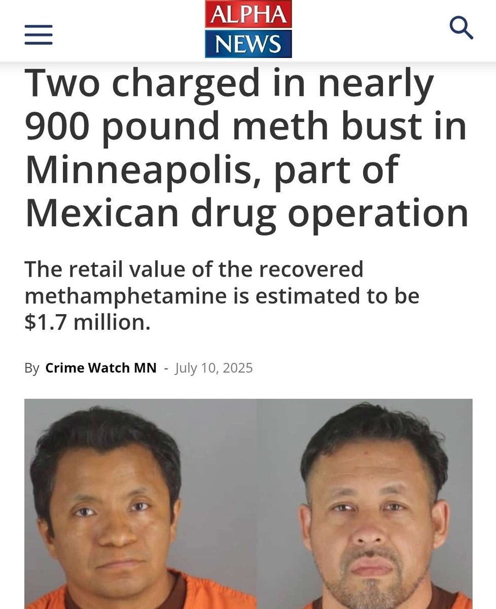 AK Kamara (@realakkamara) on Twitter photo Two of the largest meth busts in Minnesota history occurred within the last 60 days
Over 1,800 pounds of meth were seized
In both busts, illegal aliens were arrested
Meanwhile, Democrats like <a href="/MayorFrey/">Mayor Jacob Frey</a> <a href="/IlhanMN/">Ilhan Omar</a> <a href="/OmarFatehMN/">Omar Fateh</a> <a href="/MaryMoriarty/">Mary Moriarty</a> want ICE out of Minneapolis 🤷🏿‍♂️ Two of the largest meth busts in Minnesota history occurred within the last 60 days
Over 1,800 pounds of meth were seized
In both busts, illegal aliens were arrested
Meanwhile, Democrats like <a href="/MayorFrey/">Mayor Jacob Frey</a> <a href="/IlhanMN/">Ilhan Omar</a> <a href="/OmarFatehMN/">Omar Fateh</a> <a href="/MaryMoriarty/">Mary Moriarty</a> want ICE out of Minneapolis 🤷🏿‍♂️